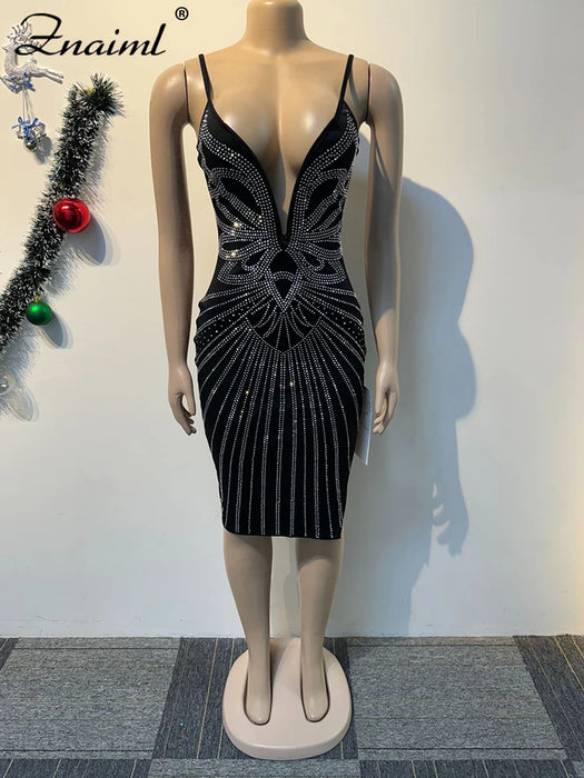 Holiday Party Blue Spaghetti Strips Birthday Dresses Women's Sexy Hot Diamond V-neck Sleeveless Slit Dress Elegant Party Luxury