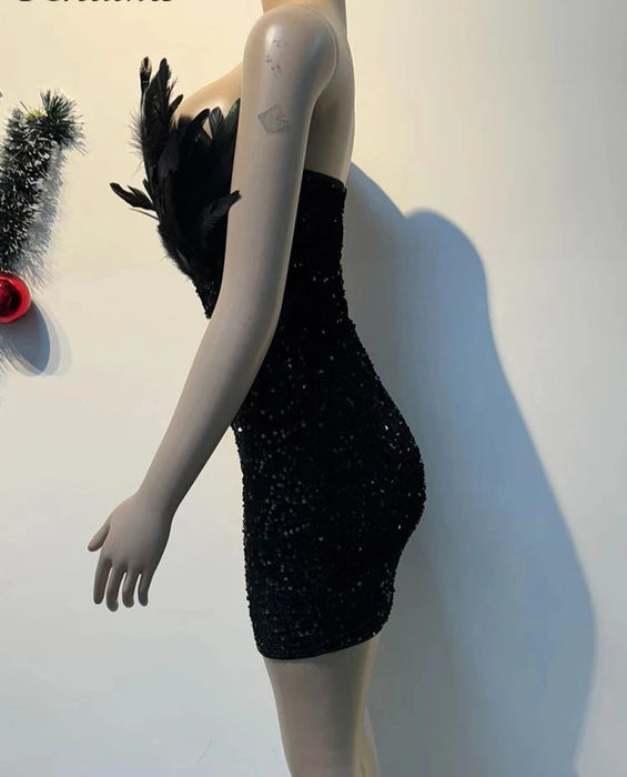 Holiday Party Luxury Birthday Women's Feathers Sequin Strapless Deep V-neck Black Bodycon Mini Dresses Sexy Club Party Night Prom Robe Holiday Party Luxury Birthday Women's Feathers Sequin Strapless Deep V-neck Black Bodycon Mini Dresses Sexy Club Party Night Prom Robe