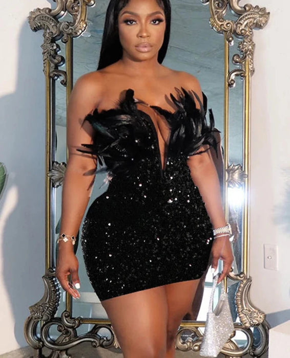 Holiday Party Luxury Birthday Women's Feathers Sequin Strapless Deep V-neck Black Bodycon Mini Dresses Sexy Club Party Night Prom Robe Holiday Party Luxury Birthday Women's Feathers Sequin Strapless Deep V-neck Black Bodycon Mini Dresses Sexy Club Party Night Prom Robe