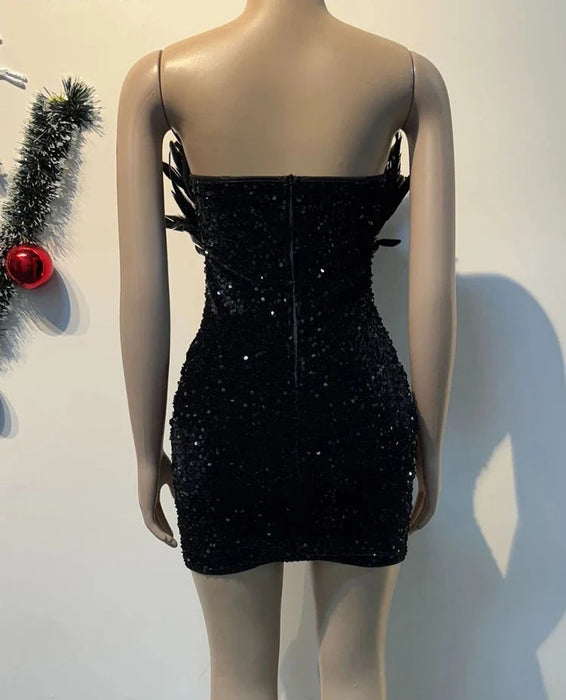 Holiday Party Luxury Birthday Women's Feathers Sequin Strapless Deep V-neck Black Bodycon Mini Dresses Sexy Club Party Night Prom Robe Holiday Party Luxury Birthday Women's Feathers Sequin Strapless Deep V-neck Black Bodycon Mini Dresses Sexy Club Party Night Prom Robe
