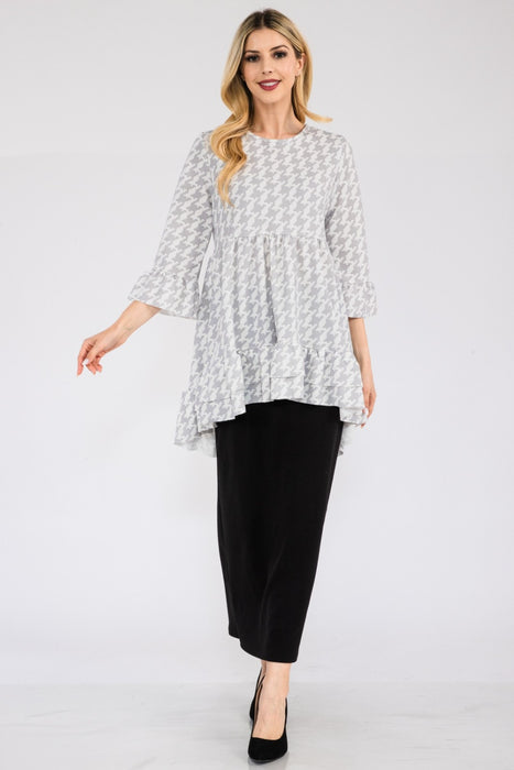 Women's Trendy Tops Houndstooth Flounce Sleeve High-Low Top