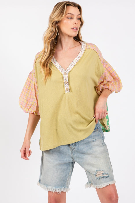 Women's Fashion Tops 2024 Color Block Bubble Sleeve Top