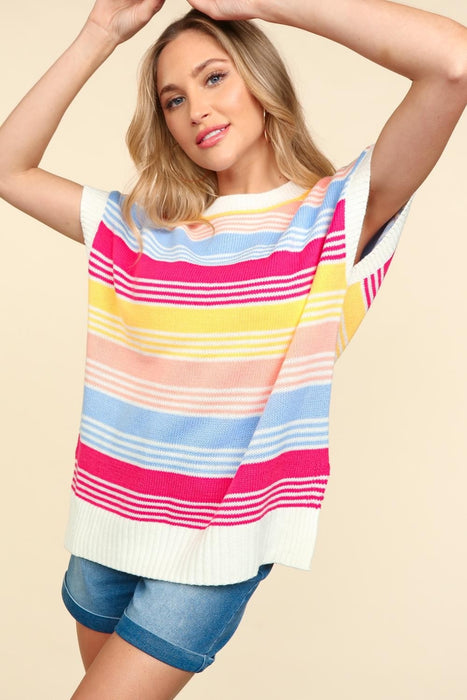 Women's Fashion Tops 2024 Striped Side Slit Short Sleeve Knit Top