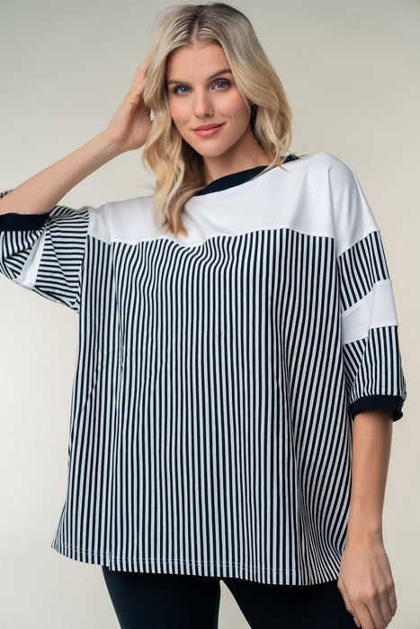 White Birch Striped Contrast Round Neck Top