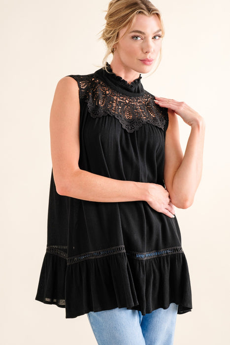 Women's Fashion Tops 2024 Lace Detail Sleeveless Ruffled Top