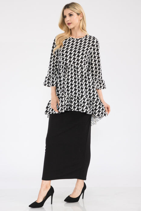 Women's Trendy Tops Houndstooth Flounce Sleeve High-Low Top