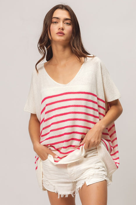 BiBi V Neck Striped Short Sleeve Top