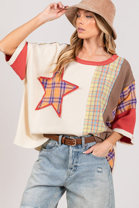 Women's Fashion Tops 2024 Round Neck Plaid Star Patch T-Shirt