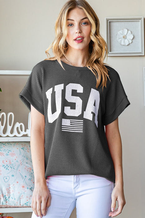 Women's Fashion Tops 2024 USA Graphic Short Sleeve Ribbed Top