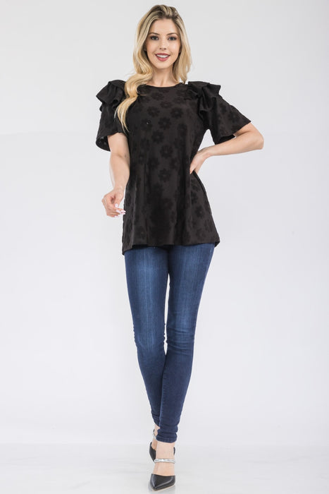 Women's Trendy Fashion Tops 2024 Ruffle Layered Short Sleeve Daisy Floral Top