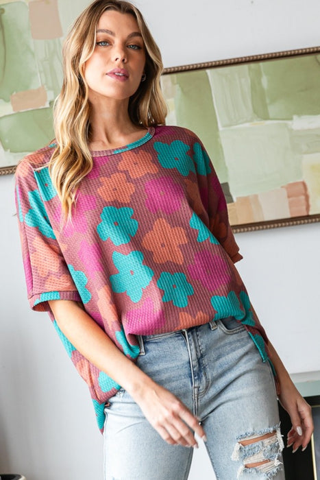 Women's Fashion Tops 2024 Floral Round Neck Side Slit T-Shirt