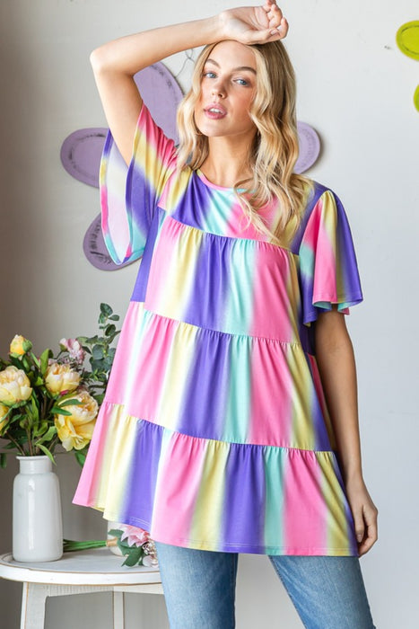 Women's Fashion Tops 2024 Short Sleeve Striped Tiered Top