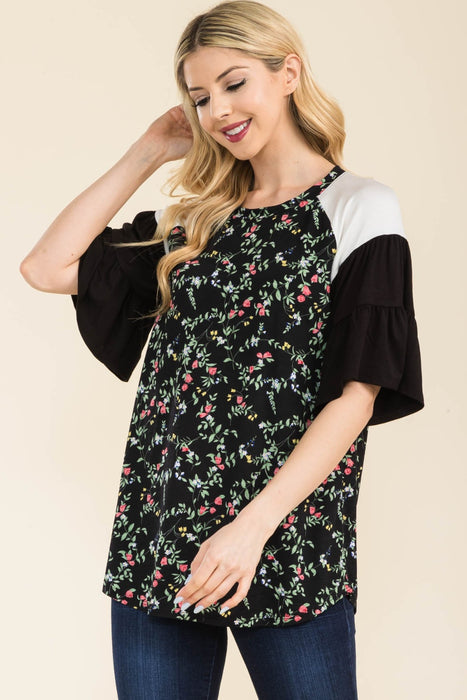 Women's Trendy Tops Floral Contrast Bell Sleeve Top