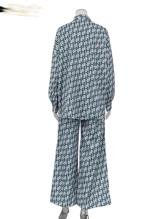 Print 2 Piece Sets Women Outfit Elegant Long Sleeve Shirt With High Waist Wide Pants Set Work Streetwear