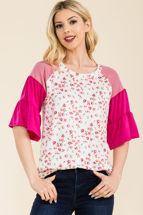Women's Trendy Tops Floral Contrast Bell Sleeve Top