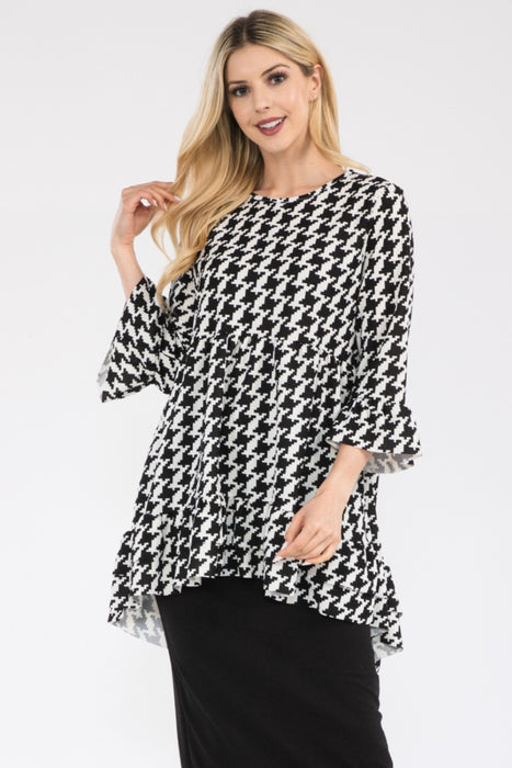Women's Trendy Tops Houndstooth Flounce Sleeve High-Low Top