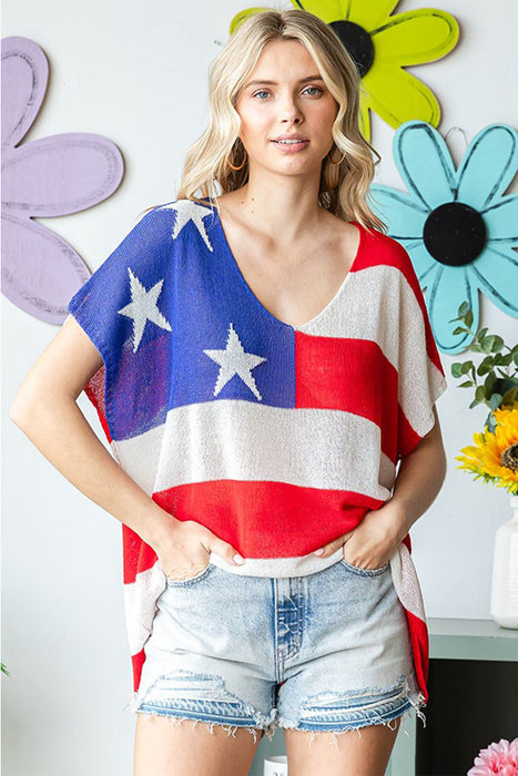 Women's Fashion Tops 2024 USA Flag Drop Shoulder Knit Top