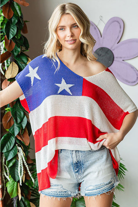 Women's Fashion Tops 2024 USA Flag Drop Shoulder Knit Top