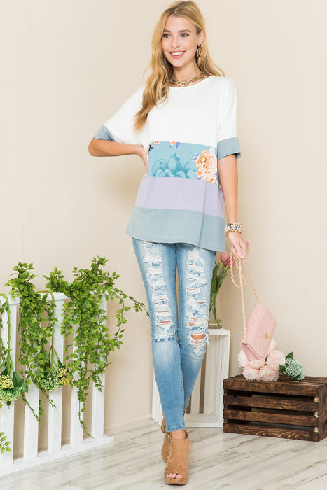 Women's Trendy Tops Contrast Color Block Round Neck T-Shirt