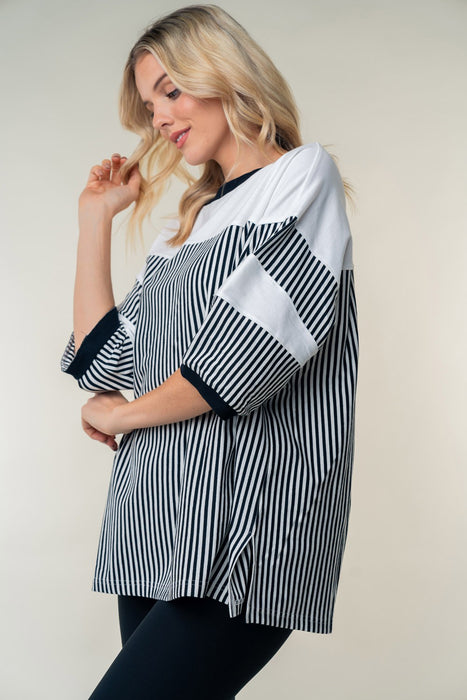 White Birch Striped Contrast Round Neck Top