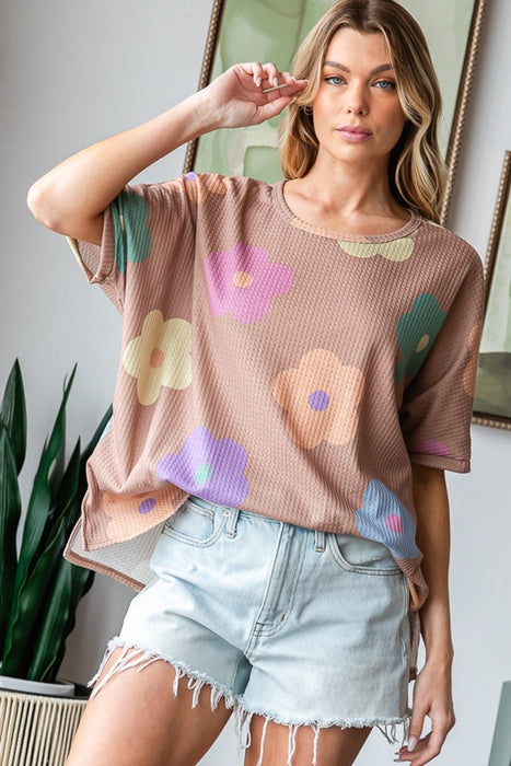 Women's Fashion Tops 2024 Floral Round Neck Side Slit Waffle T-Shirt