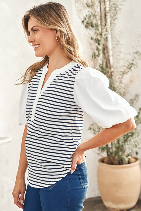 Women's Fashion Tops 2024 Striped Contrast Puff Sleeve Top