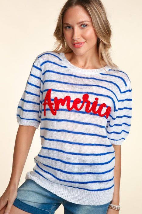Women's Fashion Tops 2024 Letter Embroidery Striped Knit Top