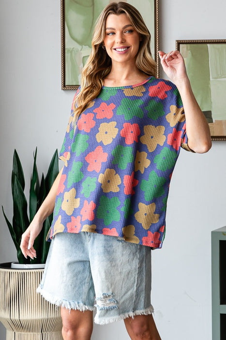Women's Fashion Tops 2024 Floral Round Neck Side Slit T-Shirt