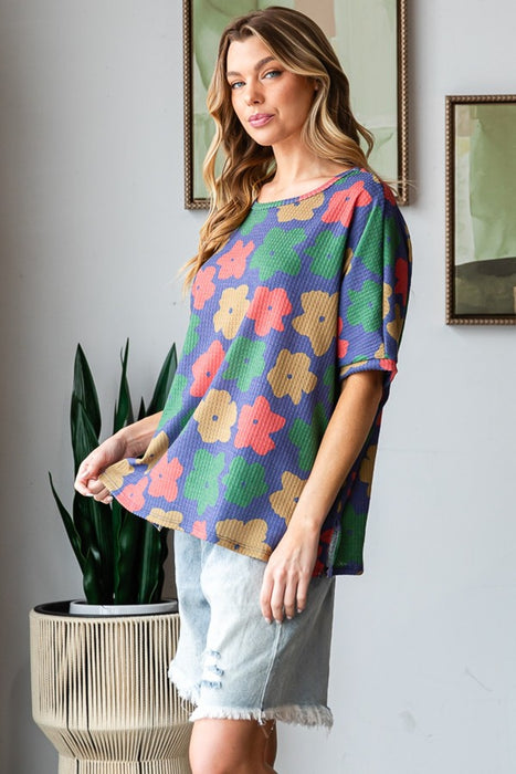 Women's Fashion Tops 2024 Floral Round Neck Side Slit T-Shirt