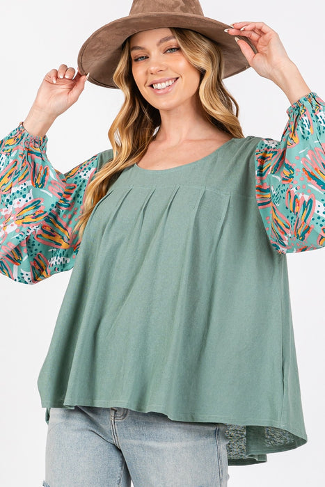 Women's Fashion Tops 2024 Ruched Round Neck Printed Bubble Sleeve Top