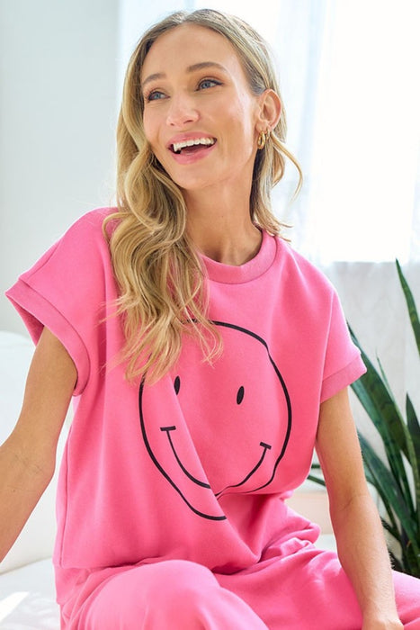Women's Fashion Tops 2024 Smile Face Drop Shoulder Brushed Inside T-Shirt
