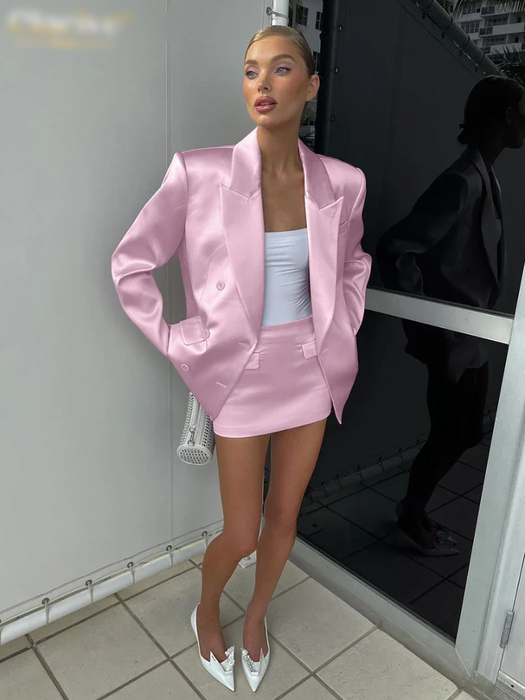 Fashion Loose Pink Satin 2 Piece Sets Women Outfit Elegant Long Sleeve Blazer With Mid Waist Mini Skirts Set 
 Office Work Female