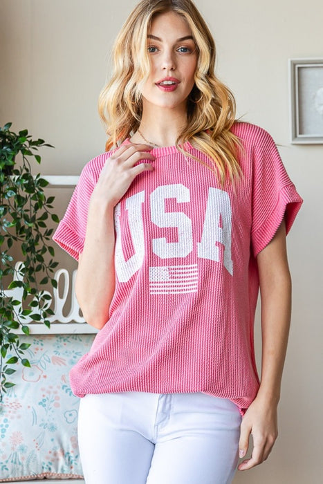 Women's Fashion Tops 2024 USA Graphic Short Sleeve Ribbed Top