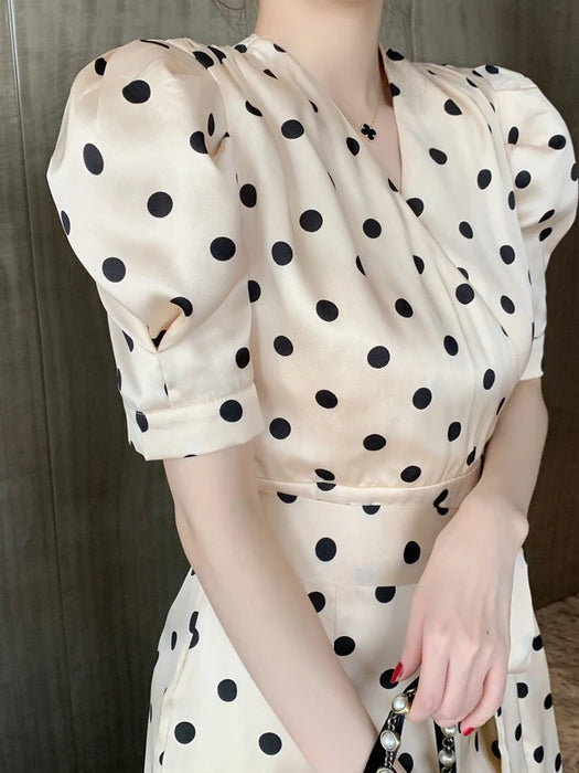 Fashion Holiday Party Club Dress Women Elegant Vintage Puff sleeve V-neck work office lady polka dot a-line dress