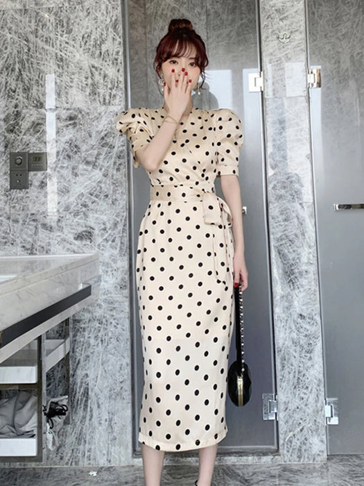 Fashion Holiday Party Club Dress Women Elegant Vintage Puff sleeve V-neck work office lady polka dot a-line dress Fashion Holiday Party Club Dress Women Elegant Vintage Puff sleeve V-neck work office lady polka dot a-line dress