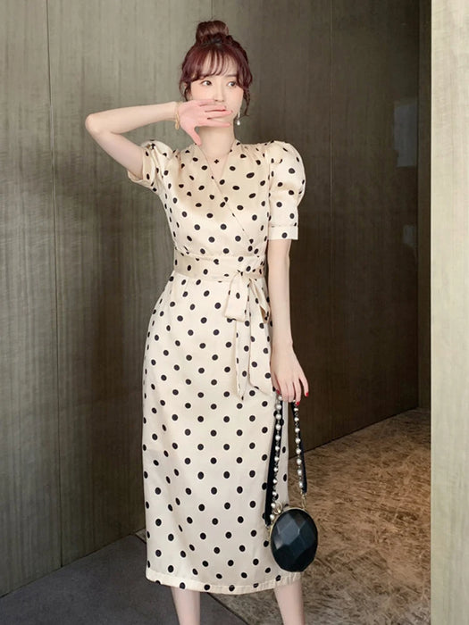 Fashion Holiday Party Club Dress Women Elegant Vintage Puff sleeve V-neck work office lady polka dot a-line dress