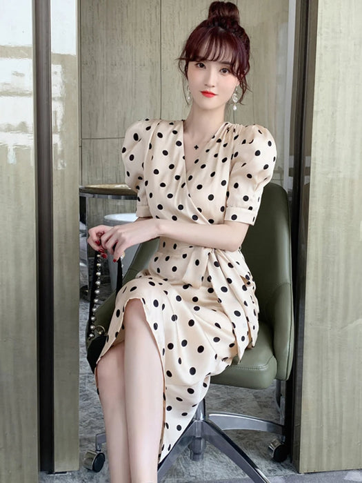 Fashion Holiday Party Club Dress Women Elegant Vintage Puff sleeve V-neck work office lady polka dot a-line dress