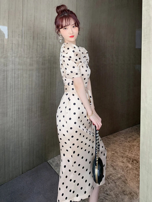 Fashion Holiday Party Club Dress Women Elegant Vintage Puff sleeve V-neck  work office lady polka dot a-line dress