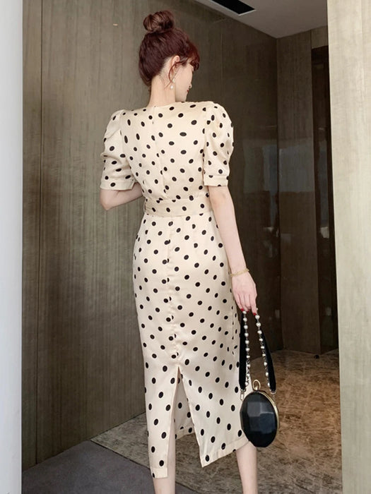 Fashion Holiday Party Club Dress Women Elegant Vintage Puff sleeve V-neck work office lady polka dot a-line dress Fashion Holiday Party Club Dress Women Elegant Vintage Puff sleeve V-neck work office lady polka dot a-line dress