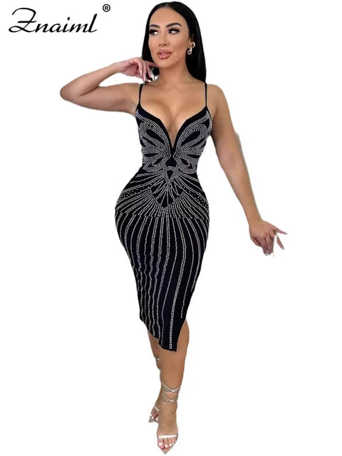 Holiday Party Blue Spaghetti Strips Birthday Dresses Women's Sexy Hot Diamond V-neck Sleeveless Slit Dress Elegant Party Luxury