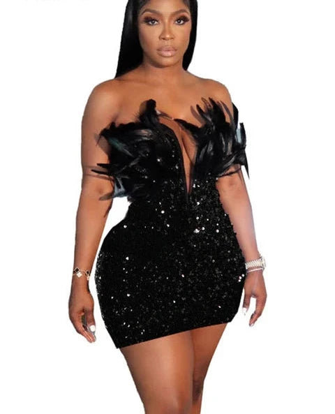 Holiday Party Luxury Birthday Women's Feathers Sequin Strapless Deep V-neck Black Bodycon Mini Dresses Sexy Club Party Night Prom Robe Holiday Party Luxury Birthday Women's Feathers Sequin Strapless Deep V-neck Black Bodycon Mini Dresses Sexy Club Party Night Prom Robe