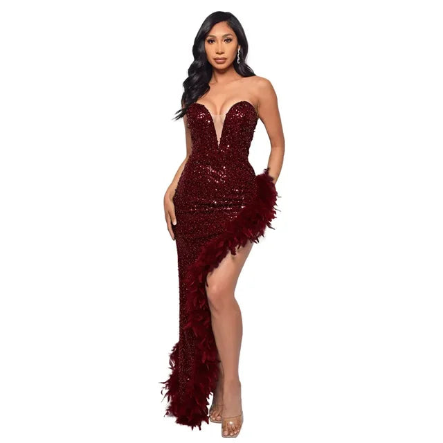 Women Sequined Strapless Feather High Side Split Strapless Bodycon Midi Maxi Dress Sexy Club Evening Party Dresses Night Lady