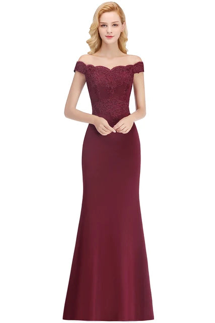 Embroidered Illusion Lace Tops Bridesmaid Dress Off-the-shoulder Neckline Draped Banded Sleeves Mermaid Gown