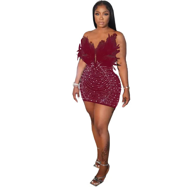 Women Diamonds Hot Rhinestones Feather Mesh Strapless Plunging V-neck Bodycon Midi Dress Sexy Party Evening Dresses