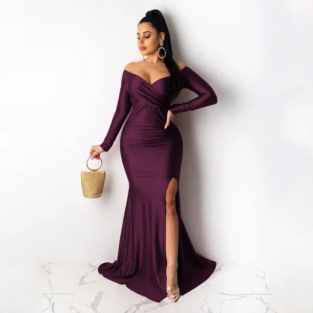 Fall Winter Women Off Shoulder Plunging V-neck High Side Split Mermaid Maxi Dress Sexy Night Party Club Long Dresses