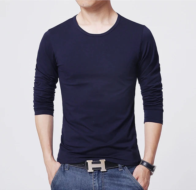 Men's T-Shirts Long Sleeve Slim Men T-Shirt Young Man Pure Color Tops Tees Shirt O-Neck For Male Boys Tshirt