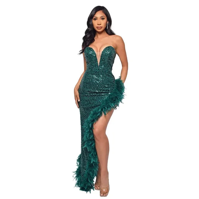 Women Sequined Strapless Feather High Side Split Strapless Bodycon Midi Maxi Dress Sexy Club Evening Party Dresses Night Lady