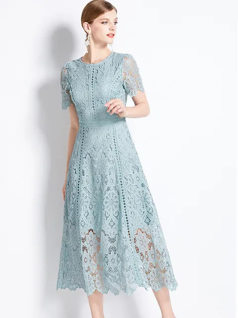 High-End O-Neck Short Sleeve Lace Hollow Out Dress For Women's Summer Slim Elegant Long Dress