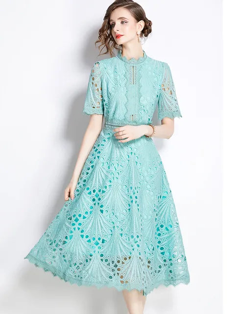 High-End O-Neck Short Sleeve Lace Hollow Out Dress For Women's Summer Slim Elegant Long Dress