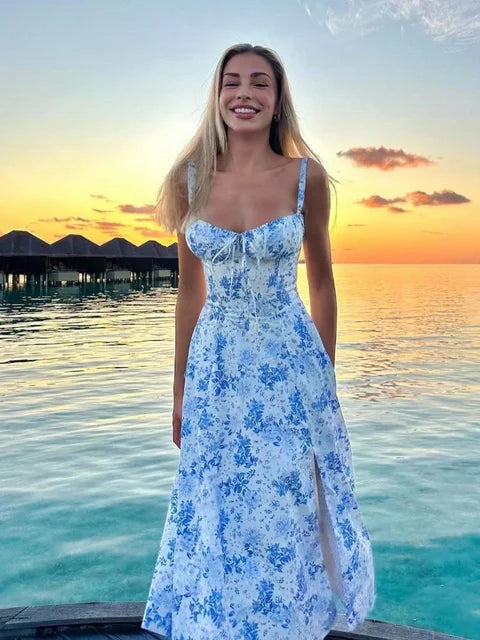 Women's Summer Floral Print Dresses Sweet Elegant Midi Holiday Dress Casual Slit Blue Lace Up Dresses